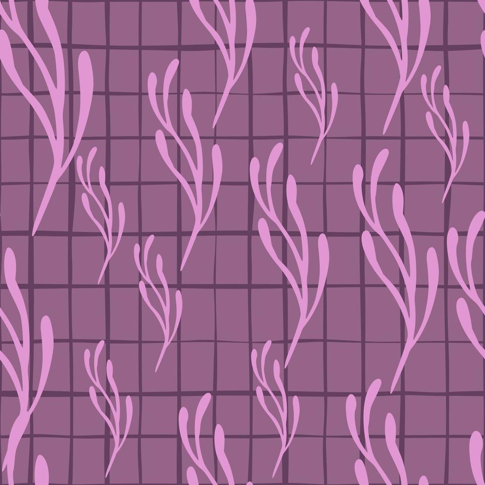 Abstract botanic flora seamless pattern with pink branches. Purple chequered background. vector