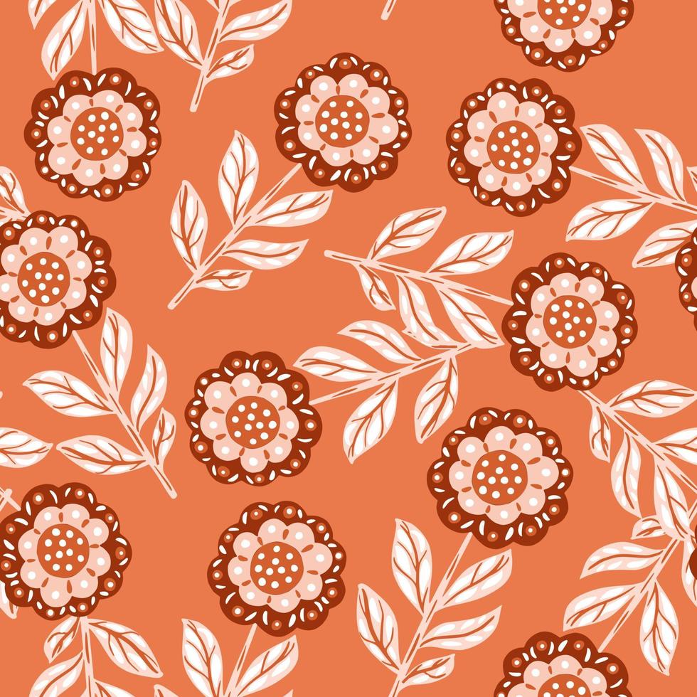 Ornamental seamless botany pattern with doodle folk flowers elements. Orange background. Simple style. vector