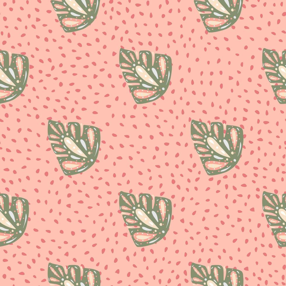 Cute seamless pattern with abstract grey ornamental monstera shapes. Pastel pink dotted background. vector