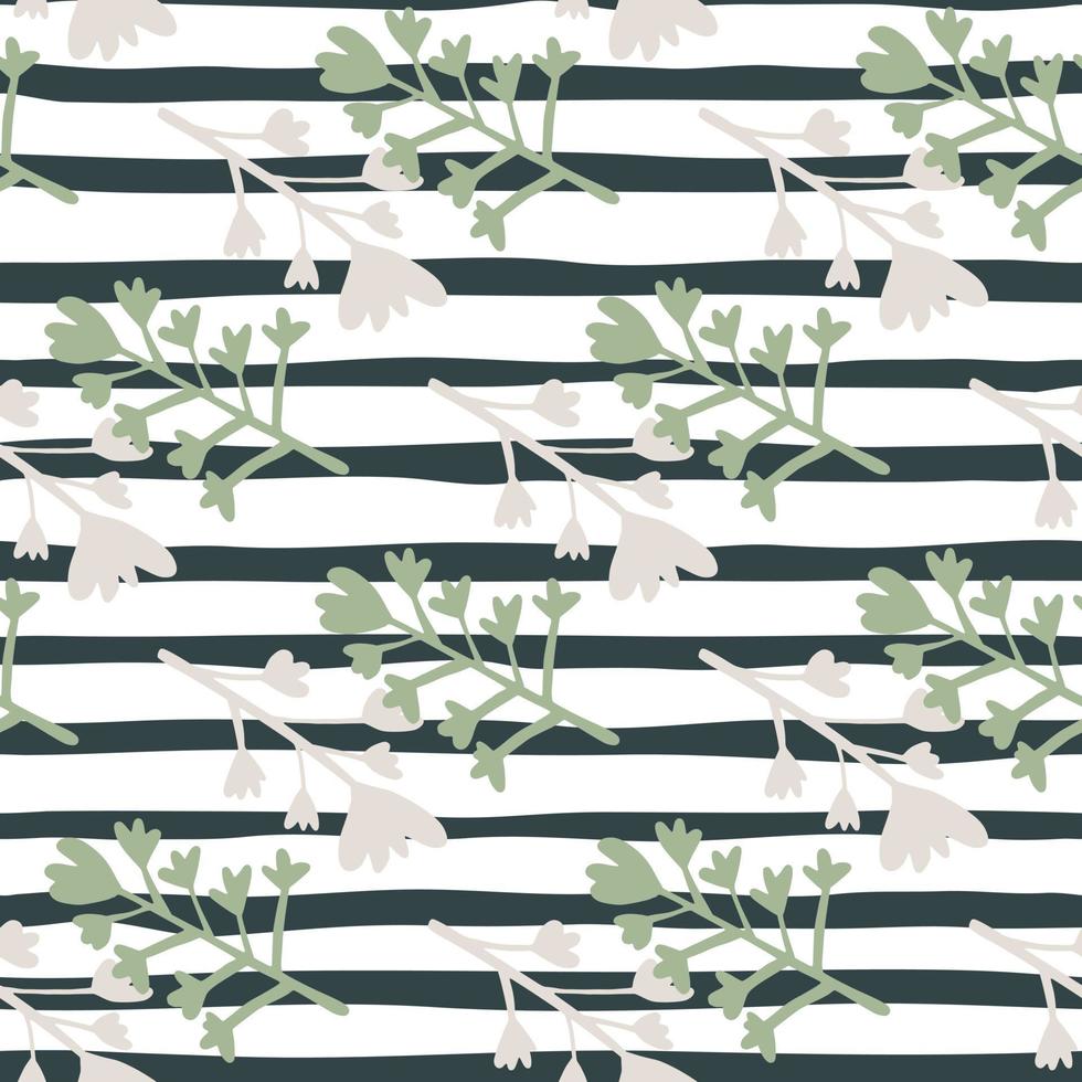 Contrast seamless pattern with green and grey floral branches silhouettes. Monochrome background with black and white strips. vector