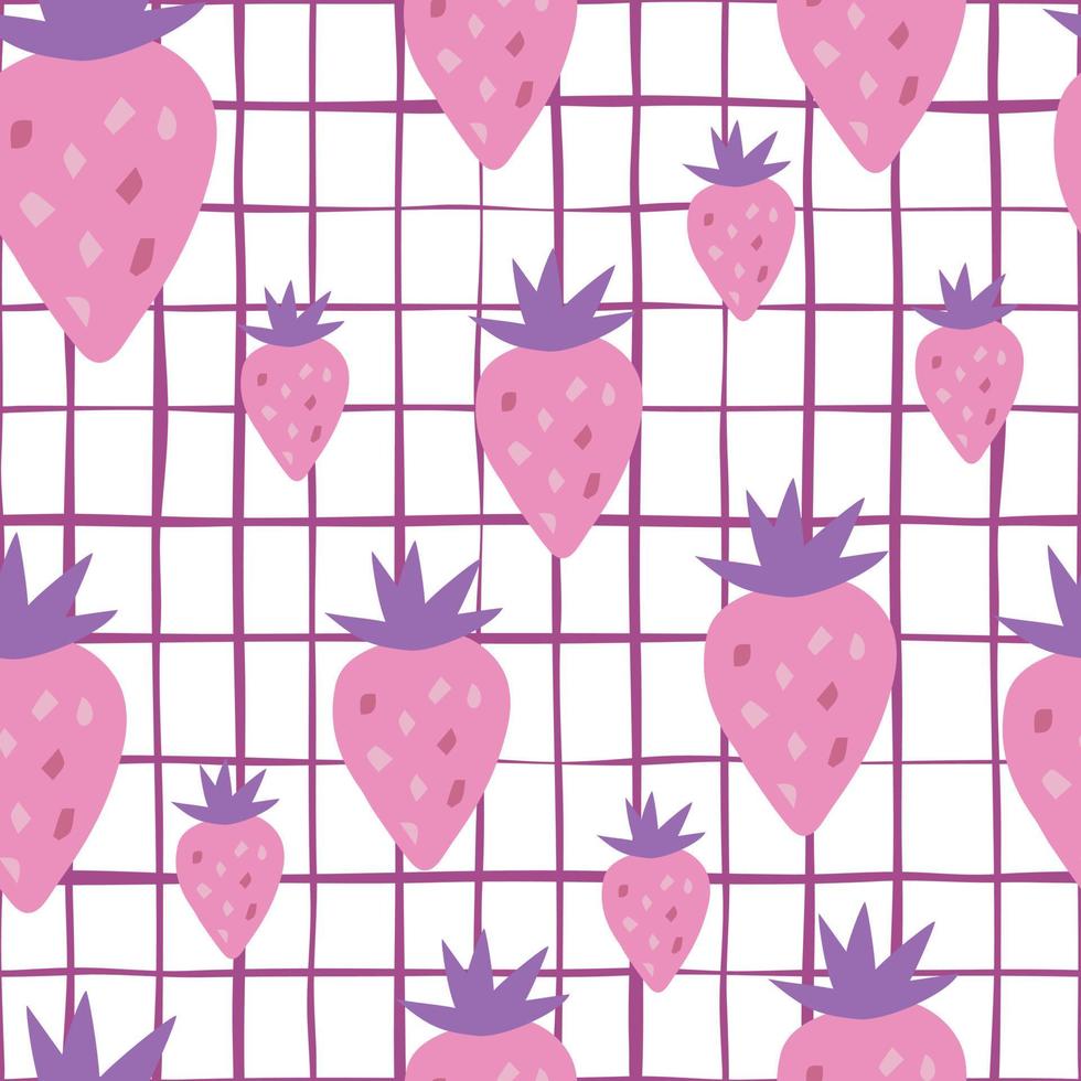 Geometric pink strawberry seamless pattern on stripes background. Strawberries doodle wallpaper. vector