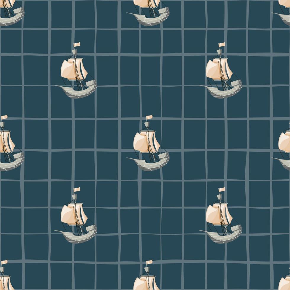 Marine seamless pattern with simple beige sailboat ship elements. Navy blue background with check. vector