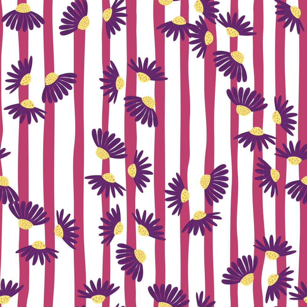 Daisy purple flowers random seamless bright floral pattern. White and pink striped background. Meadow style. vector