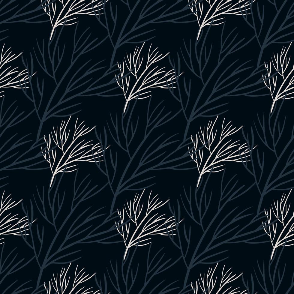 Dark nature seamless pattern with blue and grey doodle tree branches silhouettes ornament. Black background. vector