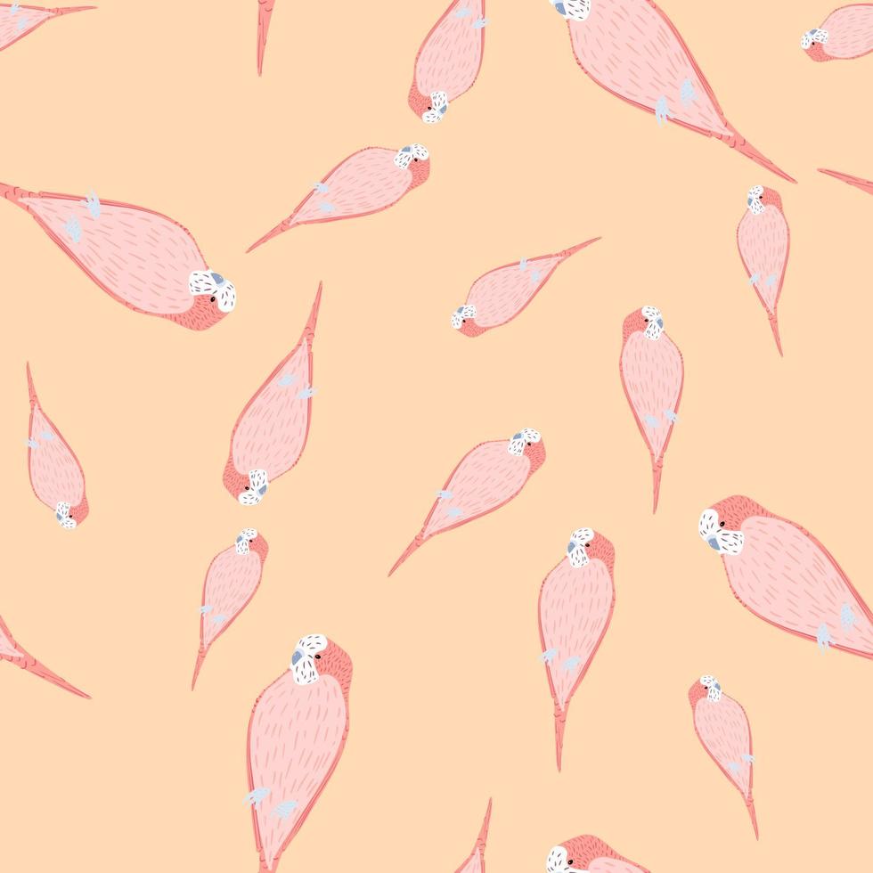 Exotic bird seamless pattern with doodle pink colored parrot shapes. Light orange background. vector