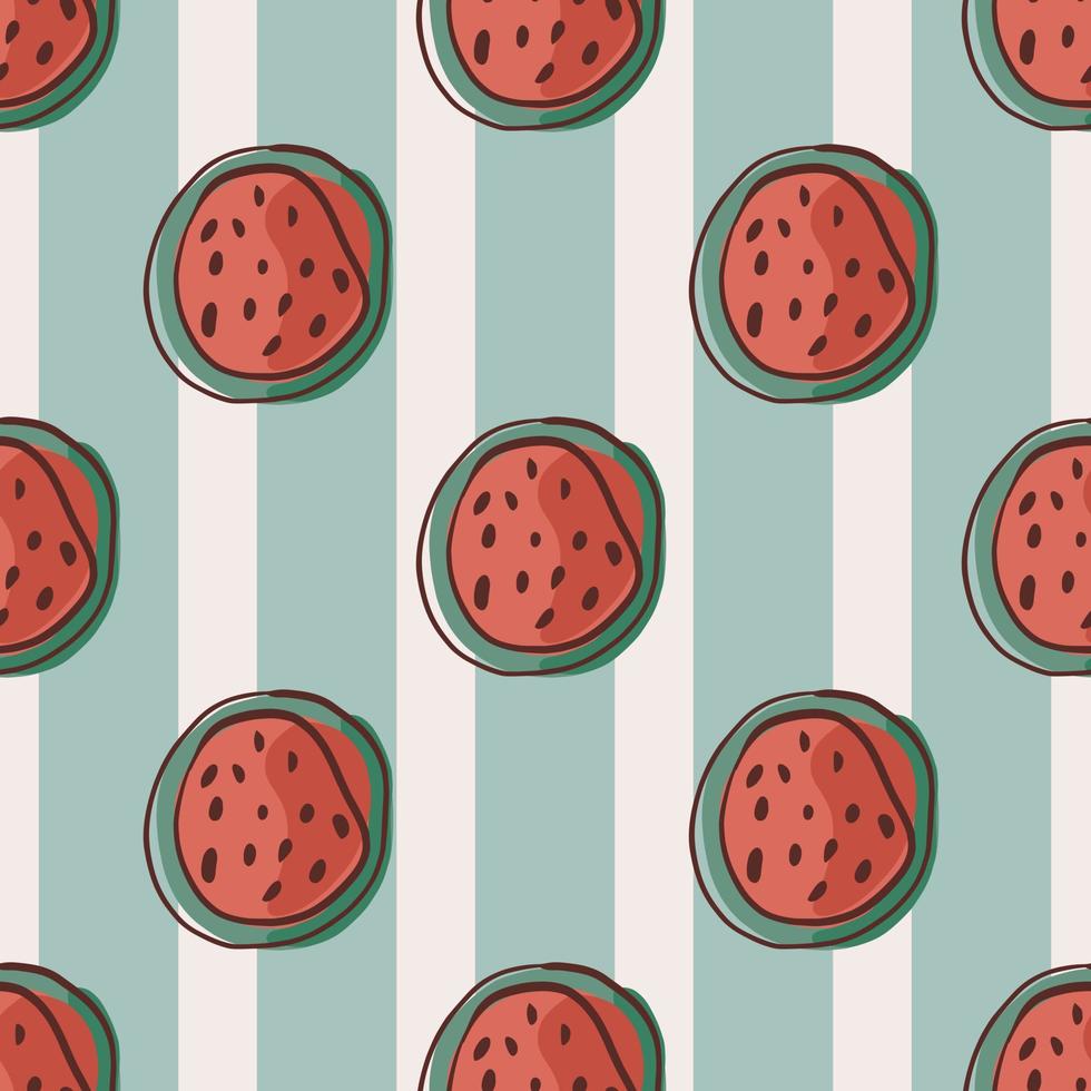 Red half watermelon silhouettes seamless pattern in abstract style. Blue pastel striped background. vector