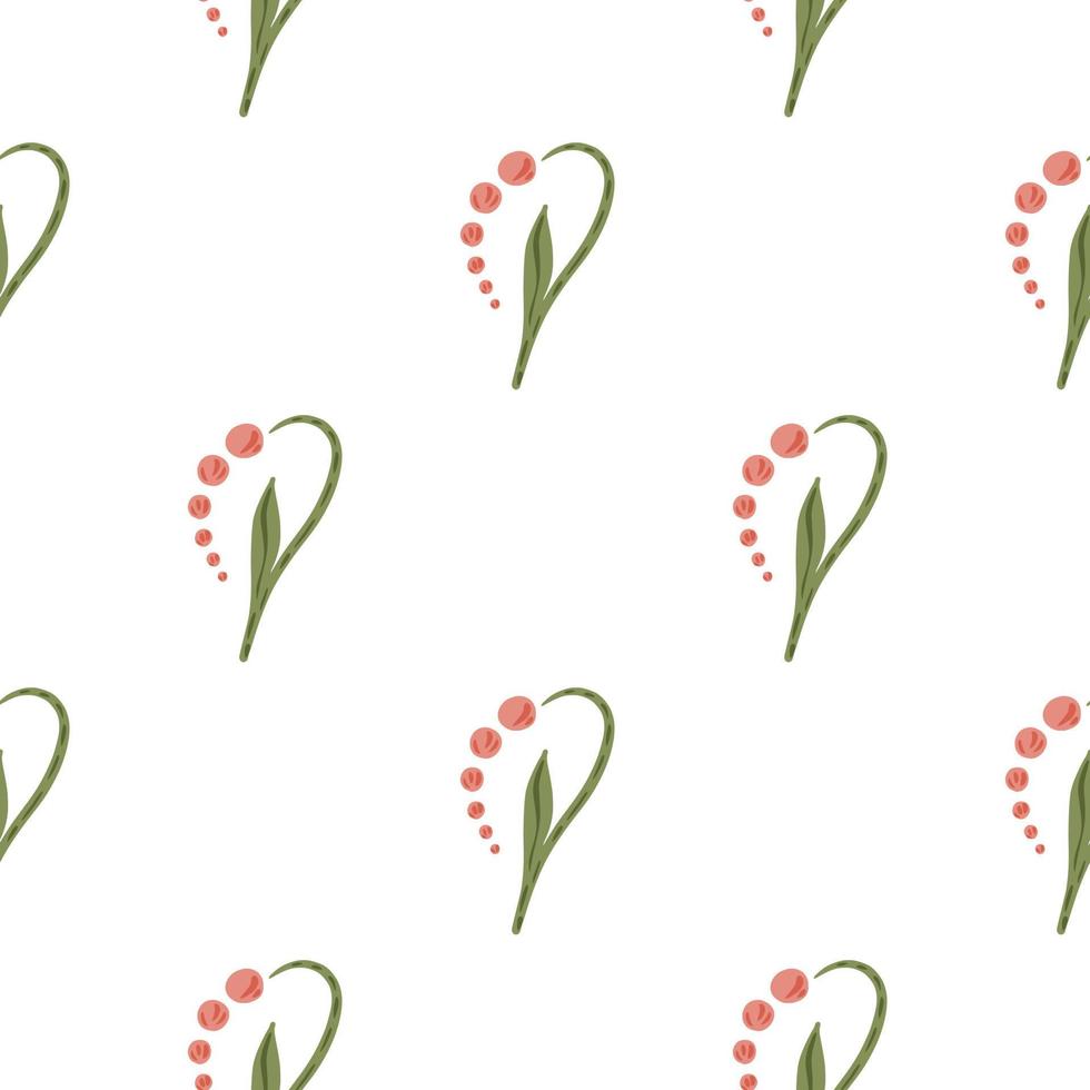 Isolated seamless pattern with pink abstract lily of the valley flowers shapes. White background. vector