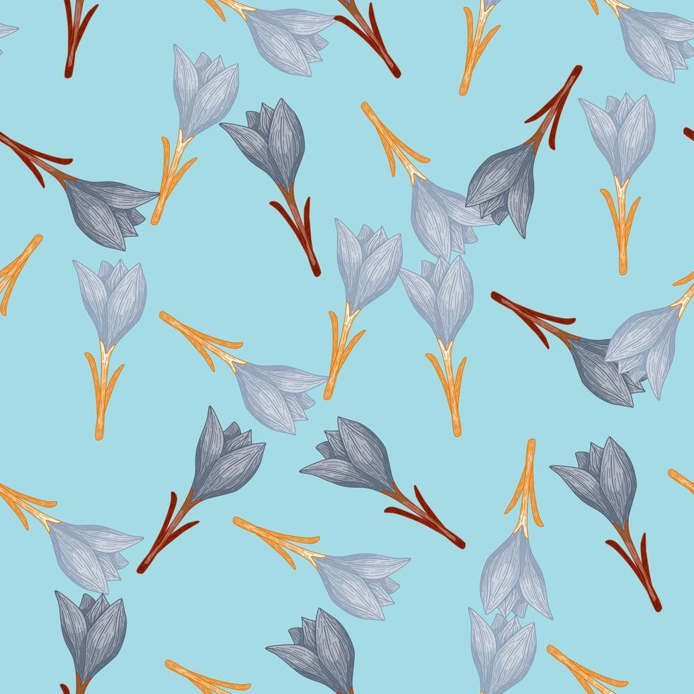 Random seamless pattern with pale blue crocus flowers print. Bright blue background. Simple style. vector