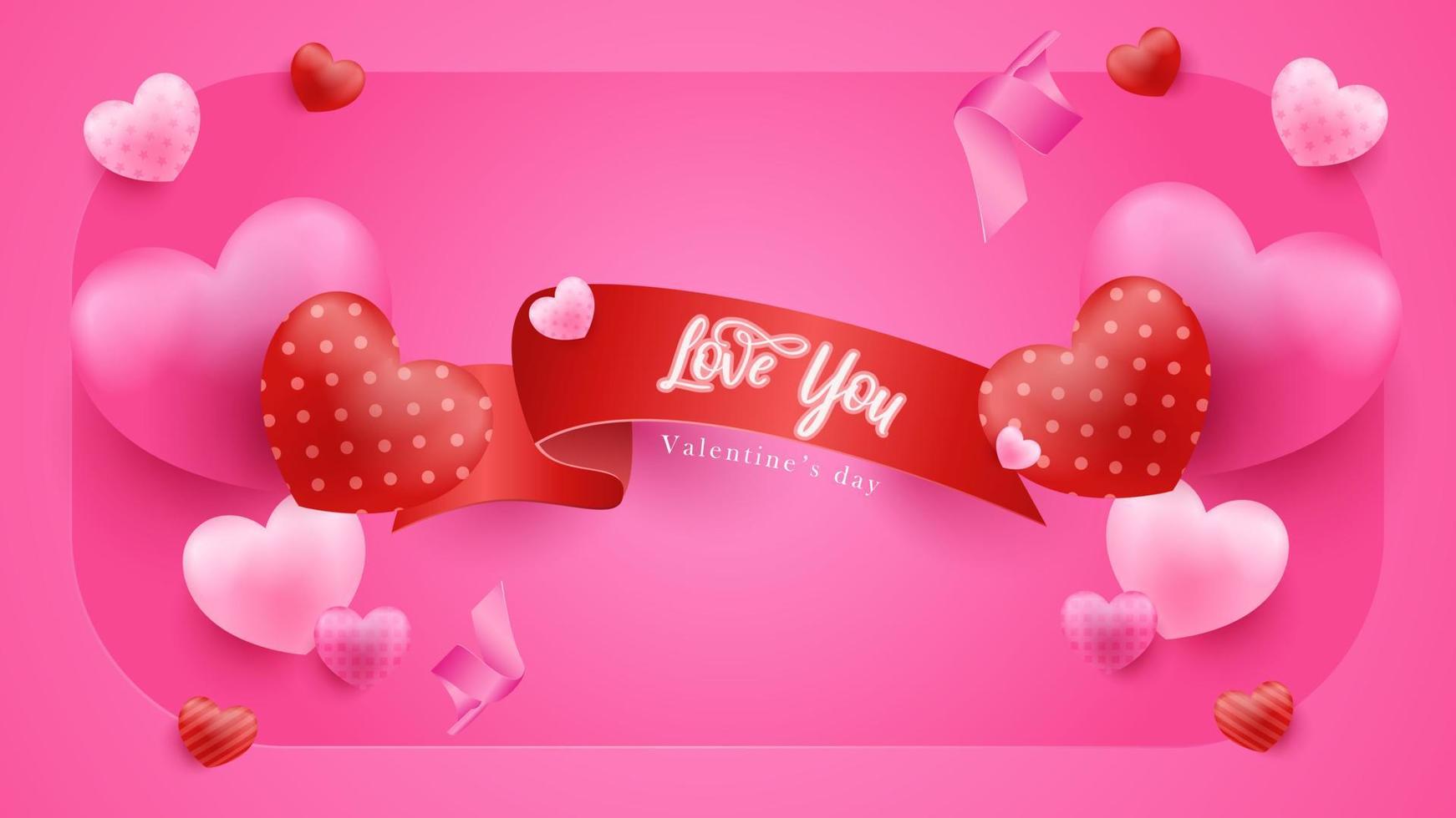 Pink Valentine's Day background with 3d hearts. Vector illustration. Cute love banner or greeting card.