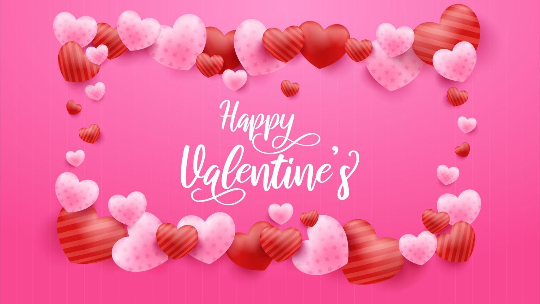Pink Valentine's Day background with 3d hearts. Vector illustration. Cute love banner or greeting card.