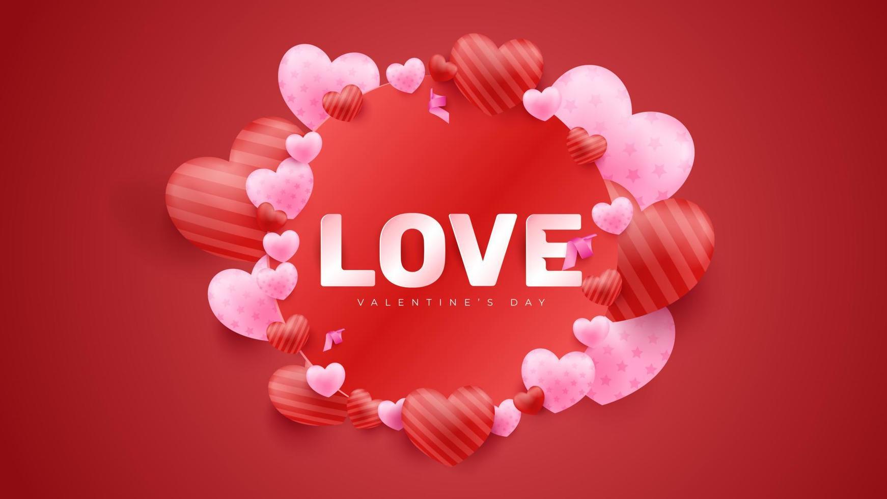 fondo rojo del día de san valentín con corazones 3d. ilustración vectorial Linda pancarta de amor o tarjeta de felicitación. vector