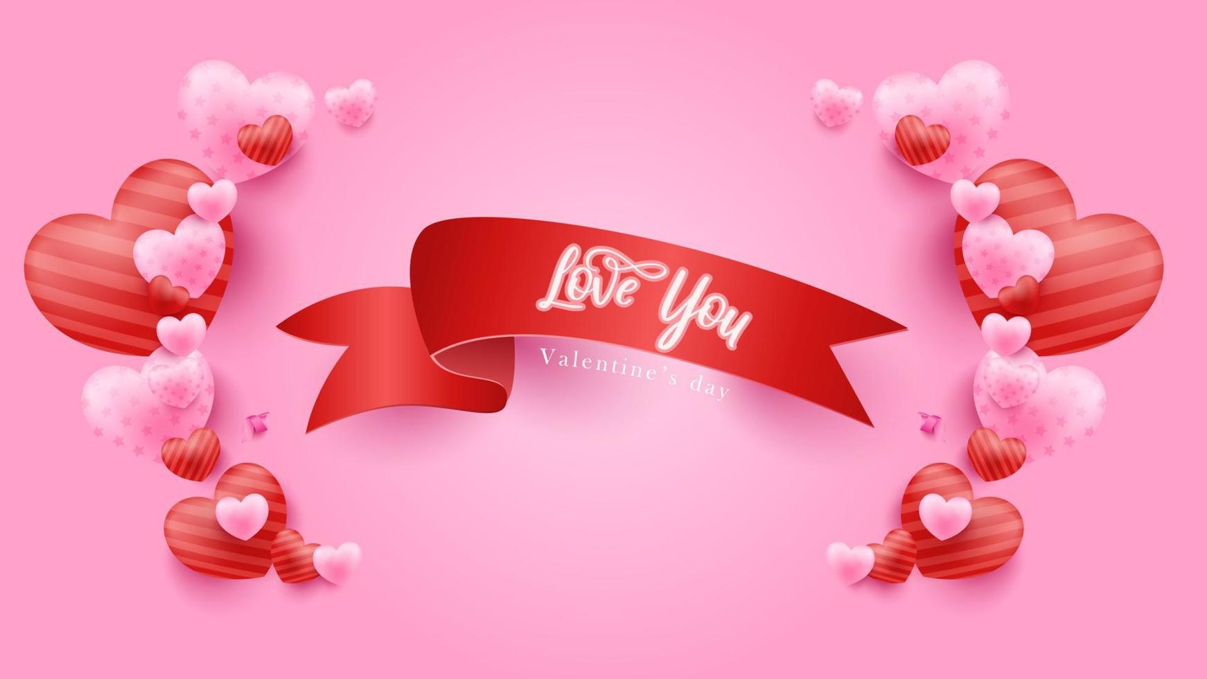 Pink Valentine's Day background with 3d hearts. Vector illustration. Cute love banner or greeting card.