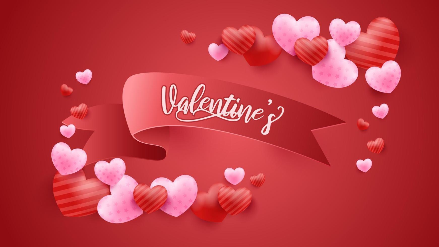 Red Valentine's Day background with 3d hearts. Vector illustration. Cute love banner or greeting card.