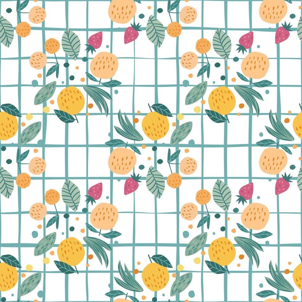 Fruits seamless pattern on stripe background. Funny sweet garden fruits on white background. vector