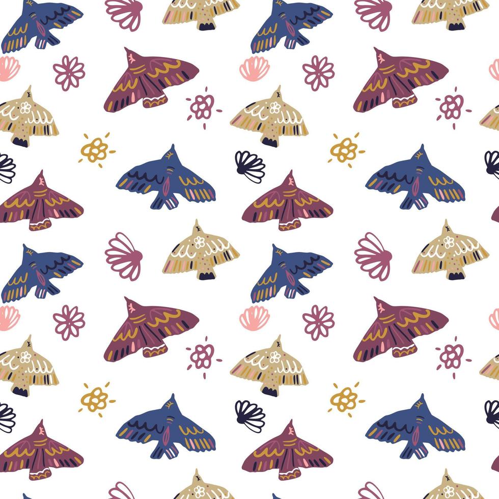 Isolated bird silhouettes seamless pattern. Colorful animals and contoured flower elements on white background. vector