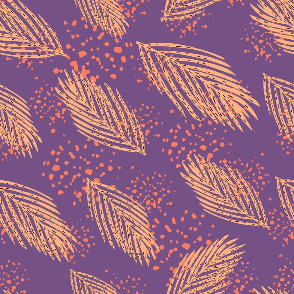 Random seamless new year pattern with bright orange fir tree branches. Purple background with splashes. vector