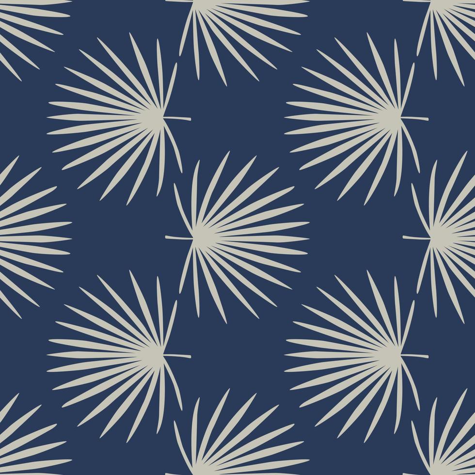 Pastel palette seamless doodle pattern with talipot leaves silhouettes. Navy blue background with light tones elements. vector