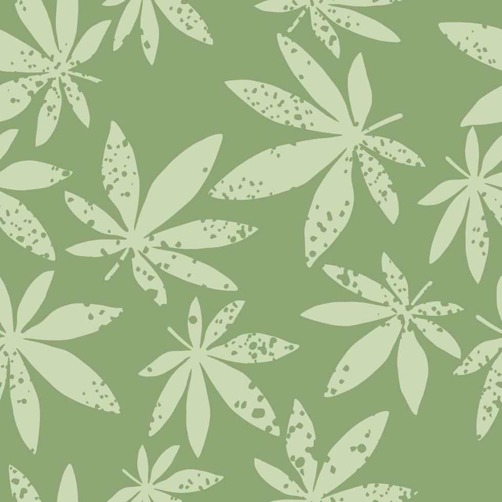 patrón de adorno de ganja sin costura al azar. obras de arte en paleta pastel. hojas de color gris claro y fondo verde. vector