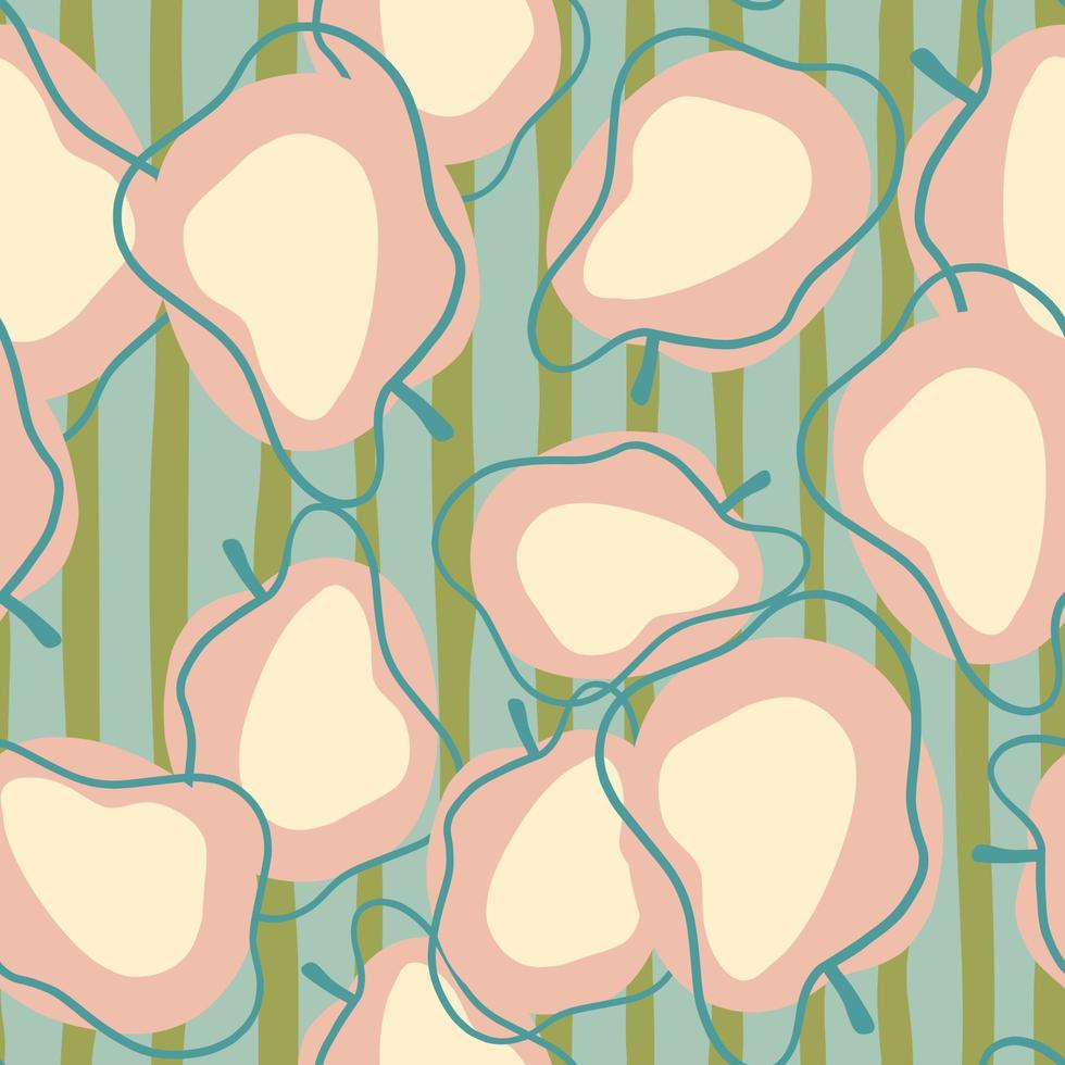 Random pink apples shapes seamless pattern in hand drawn style. Green and blue striped background. vector