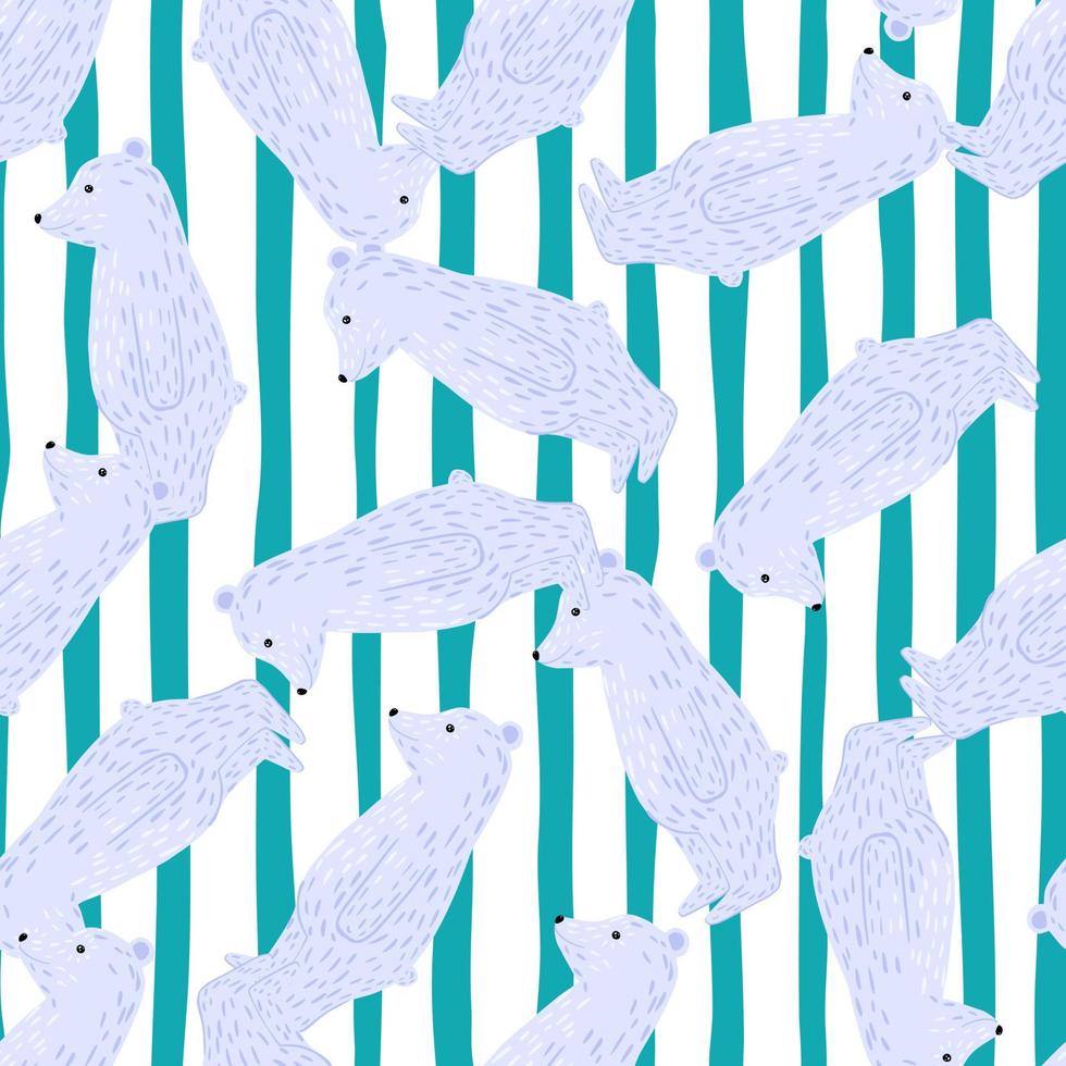 Random seamless pattern with light blue polar bear silhouettes print. White and green striped background. vector