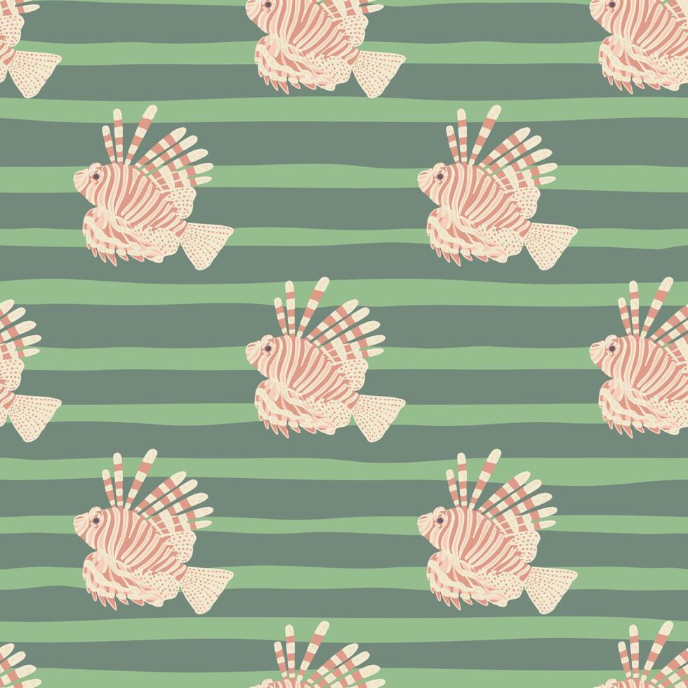 Scrapbook seamless pattern with pastel pink lionfish elements print. Green striped background. vector