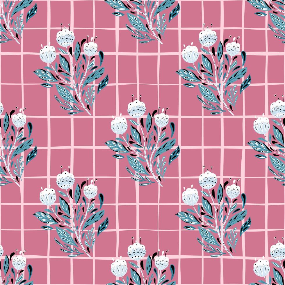 ramo de flores étnicas de color azul de patrones sin fisuras en estilo popular. fondo rosa con cheque. obras de arte florales. vector