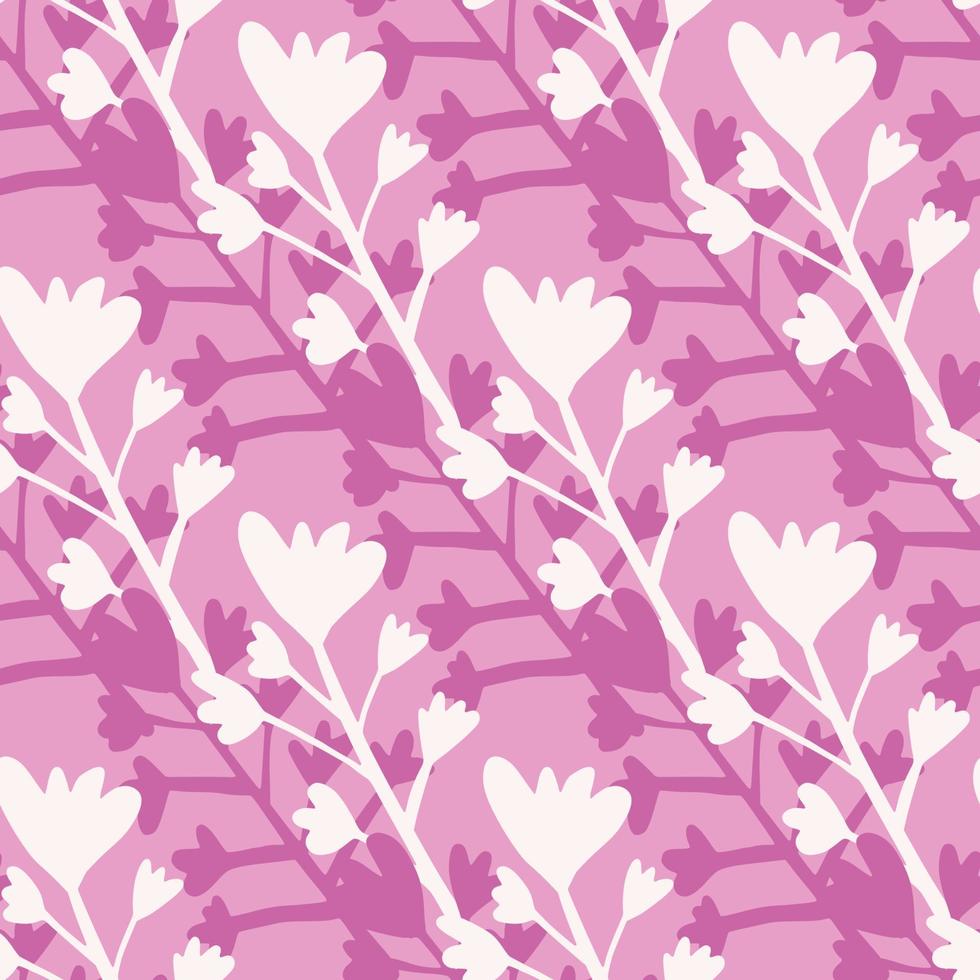 Floral seamless pattern with white and lilac botanic silhouettes. Simple naive design. vector