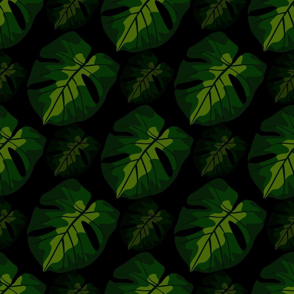 Dark seamless pattern with green monstera shapes. Black background. Houseplant palm artwork. vector
