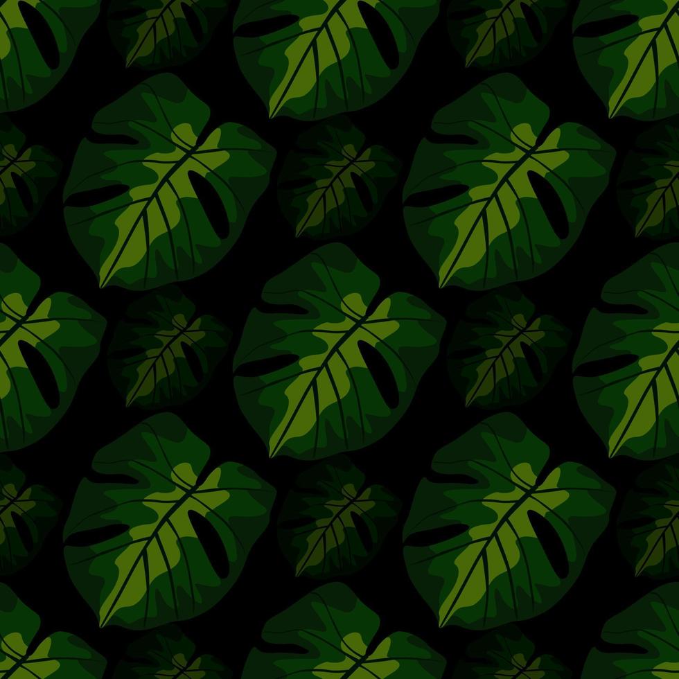 Dark seamless pattern with green monstera shapes. Black background. Houseplant palm artwork. vector