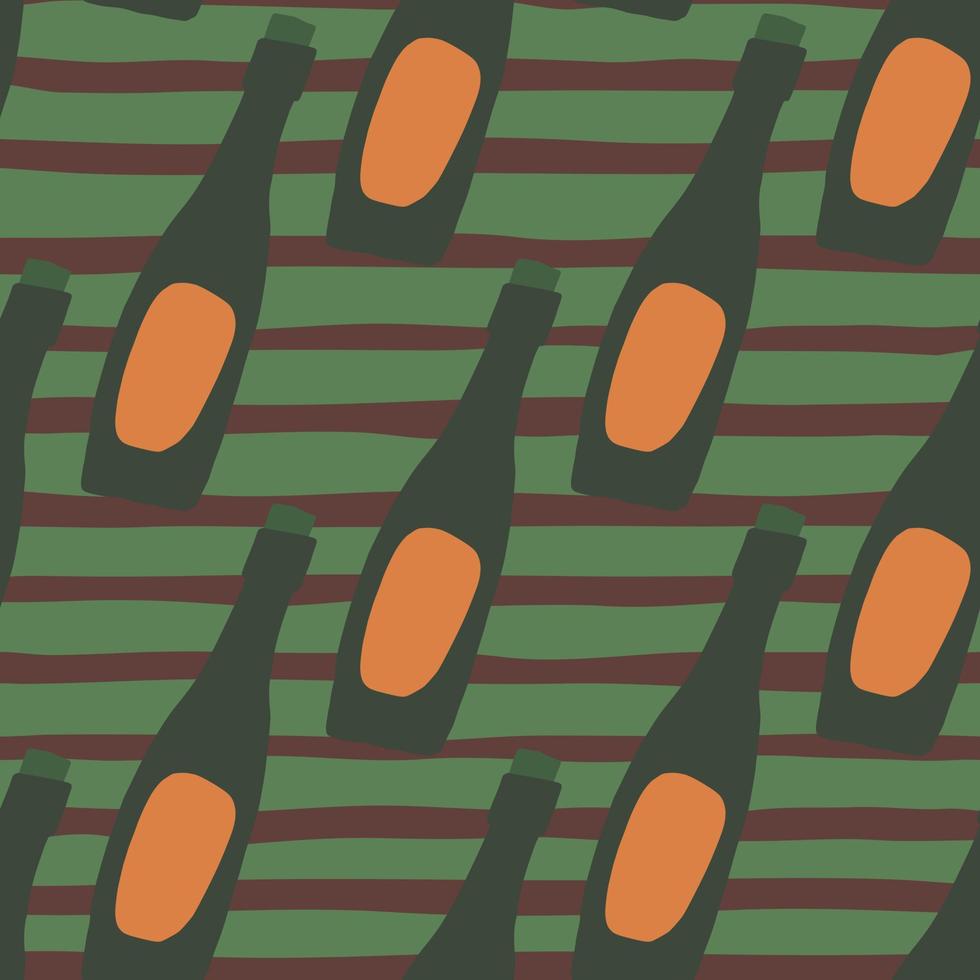 Green abstract bottle silhouettes seamless pattern. Green and brown stripped background. vector