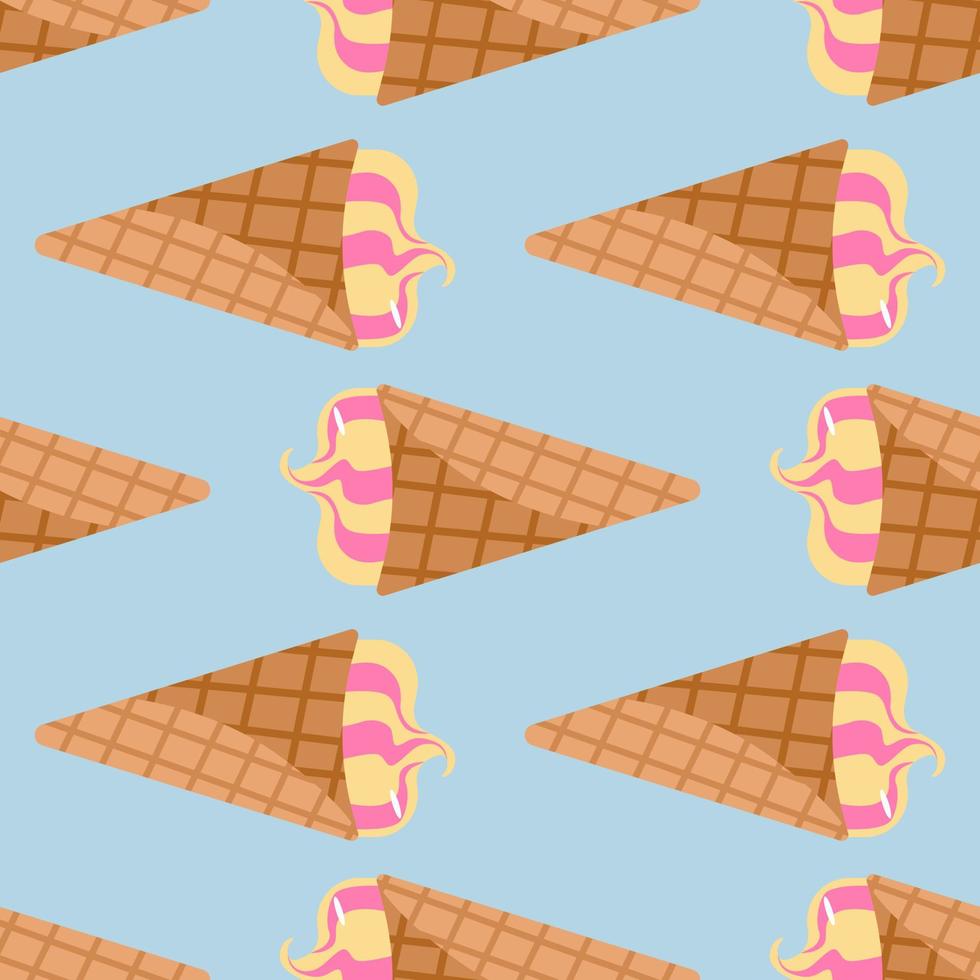 Seamless food pattern with ice cream in waffle cone. Blue background and cream in yellow and pink colors. vector