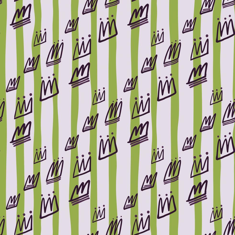 Purple contoured crown ornament seamless hand drawn pattern. White background with green lines. vector