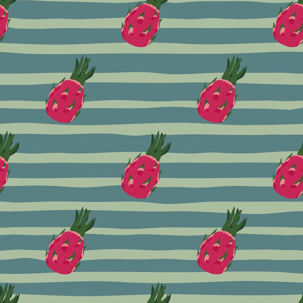 Seamless pattern in minimalistic style with pink bright pitahaya ornament. Pale blue striped background. vector