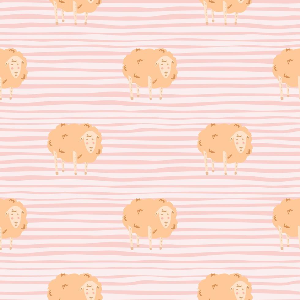 Pastel palette seamless pattern with doodle sheep silhouettes. Light orange fluffy animal ornament on stripped background. vector
