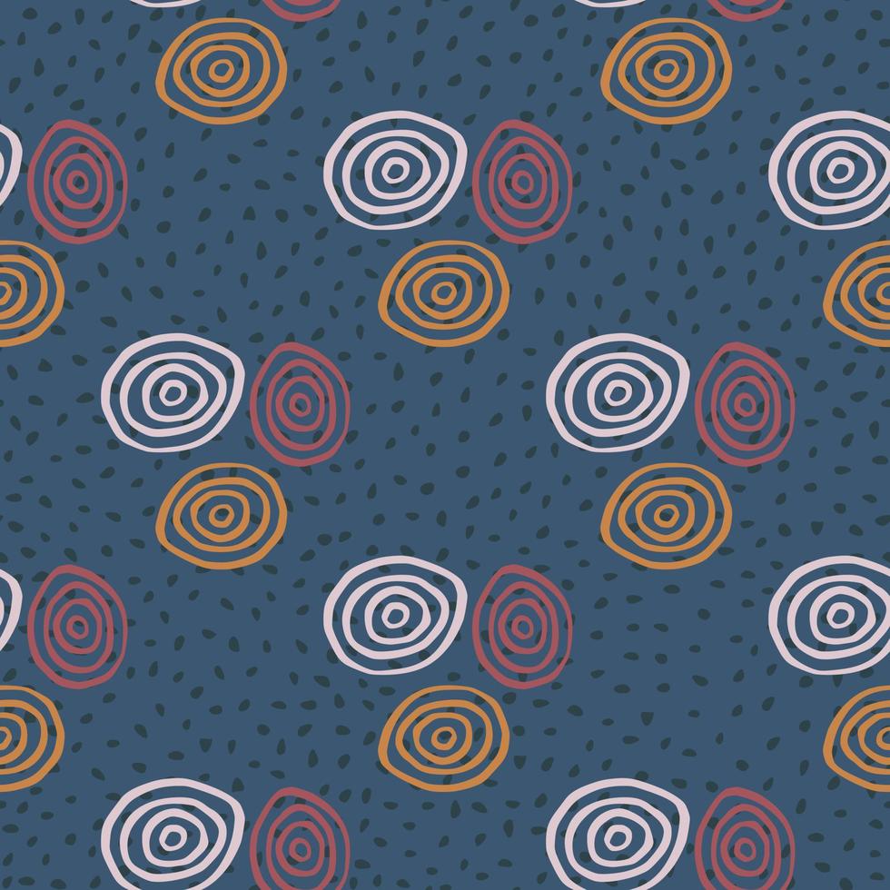 Abstract geometric pattern with orange, red and lilac spirals. Dark blue background with black dots. vector