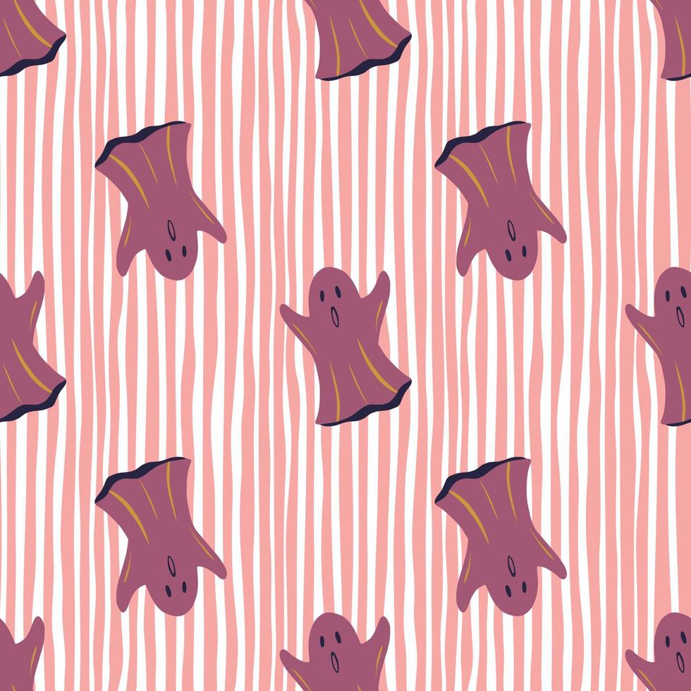 Purple ghosts silhouettes seamless doodle pattern. Halloween style. Scary print with stripped pink background. vector