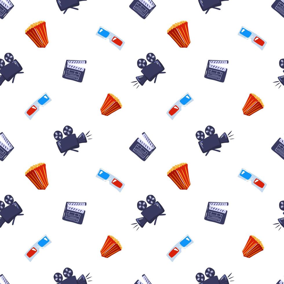 Isolated seamless cinema pattern with popcorn, camera, 3d glasses and clapperboard shapes. Multicolor movie ornament on white background. vector