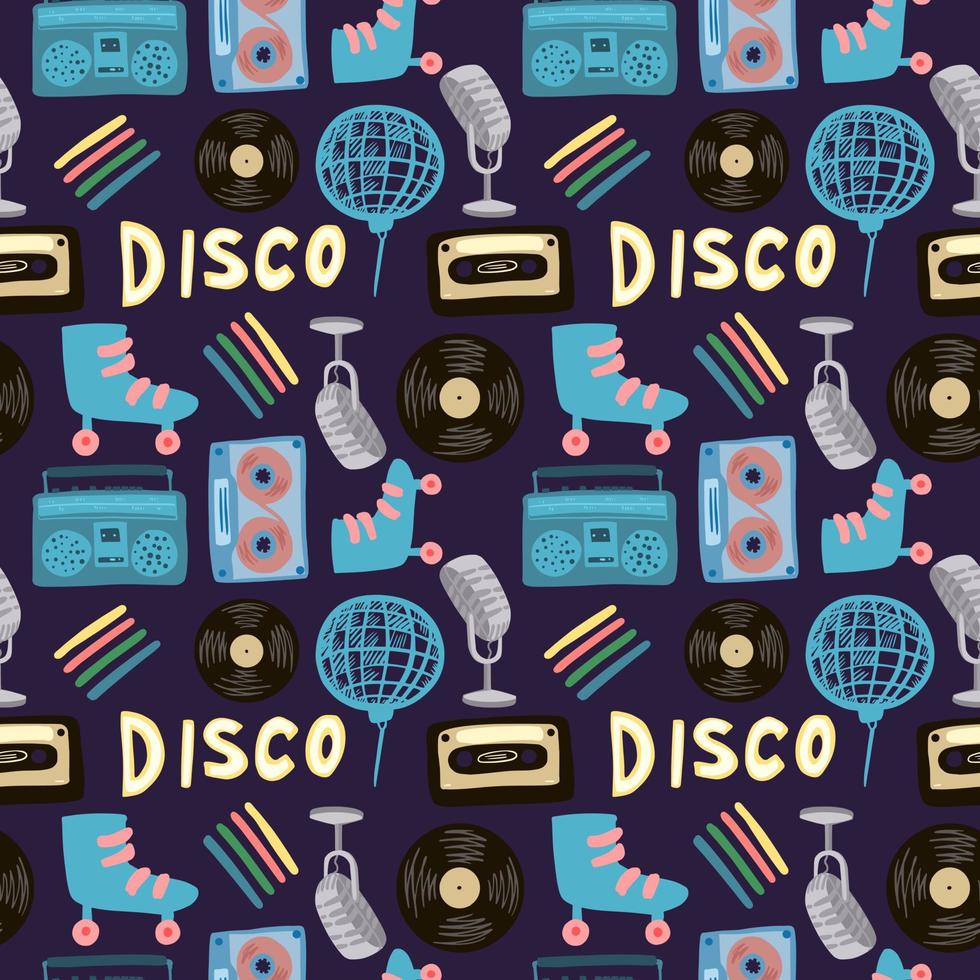 Bright disco ball, microphone, rollers, cassette, tape recorder, vinyl, records shapes. Dark purple background. Colorful hipster artwork. vector