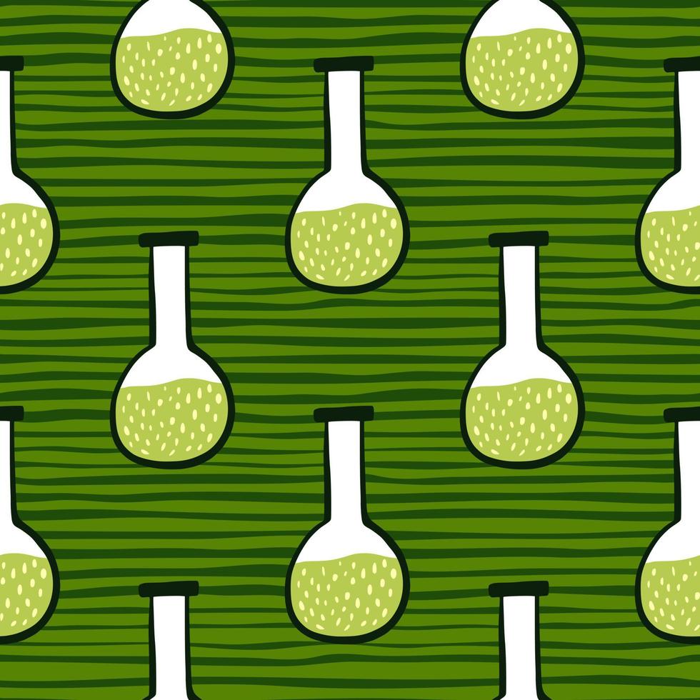 Green liquid in flask seamless doodle pattern. Laboratory ornament on striped green background. vector