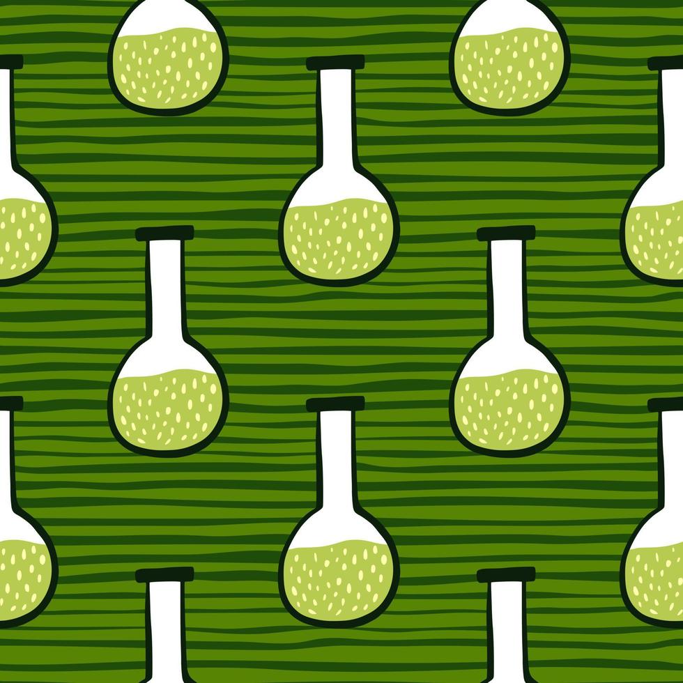 Green liquid in flask seamless doodle pattern. Laboratory ornament on striped green background. vector