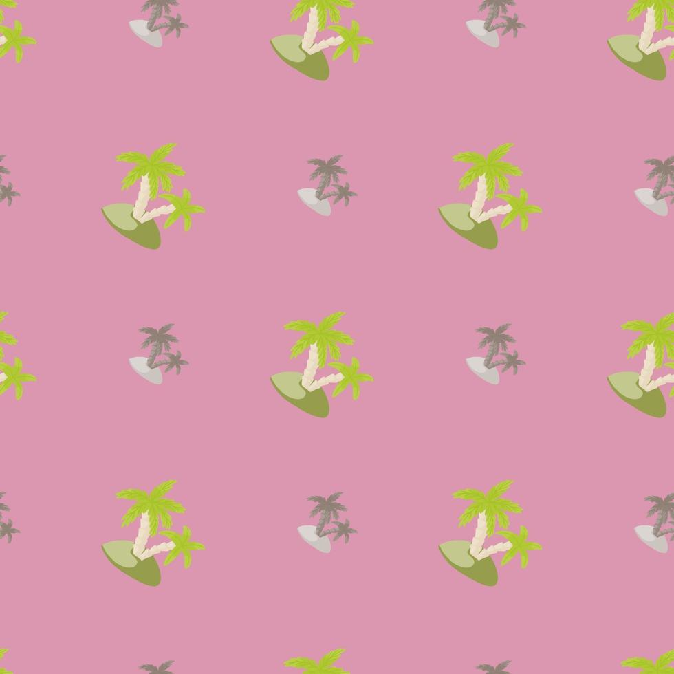 isla de color gris y verde y estampado de palmeras sin costuras. fondo lila. garabatear formas abstractas. vector
