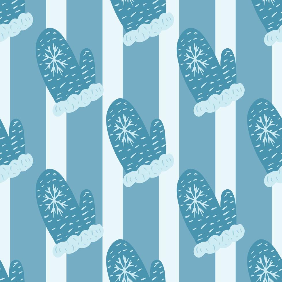 Winter doodle mittnes seamless simple pattern. Blue colored striped background. vector