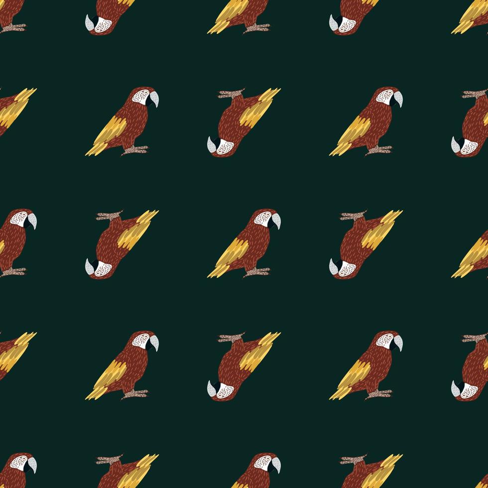 Exotic seamless pattern with brown colored ara parrot print. Black background. Dark zoo exotic backdrop. vector