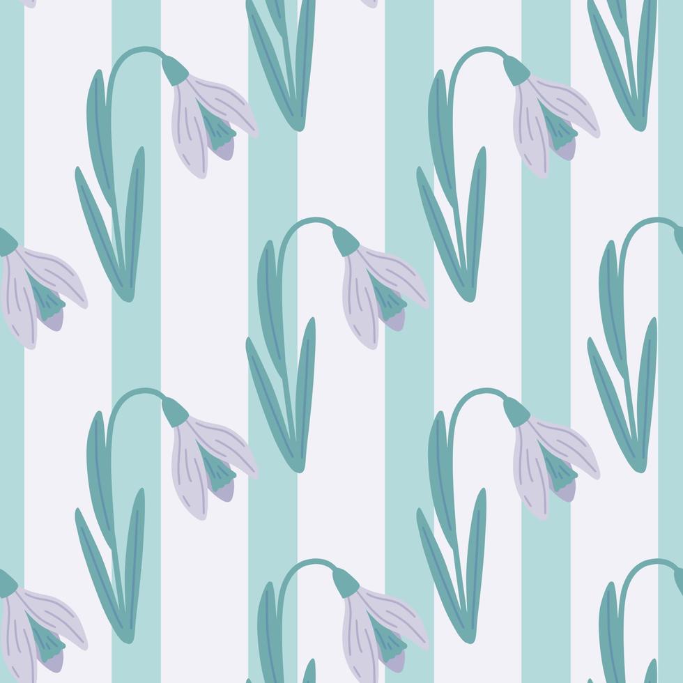 Pastel purple snowdrop silhouettes seamless pattern in hand drawn style. Blue striped background. vector