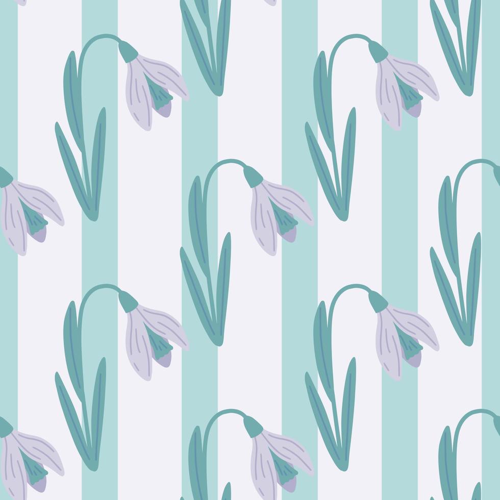 Snowdrop púrpura pastel siluetas de patrones sin fisuras en estilo dibujado a mano. fondo de rayas azules. vector