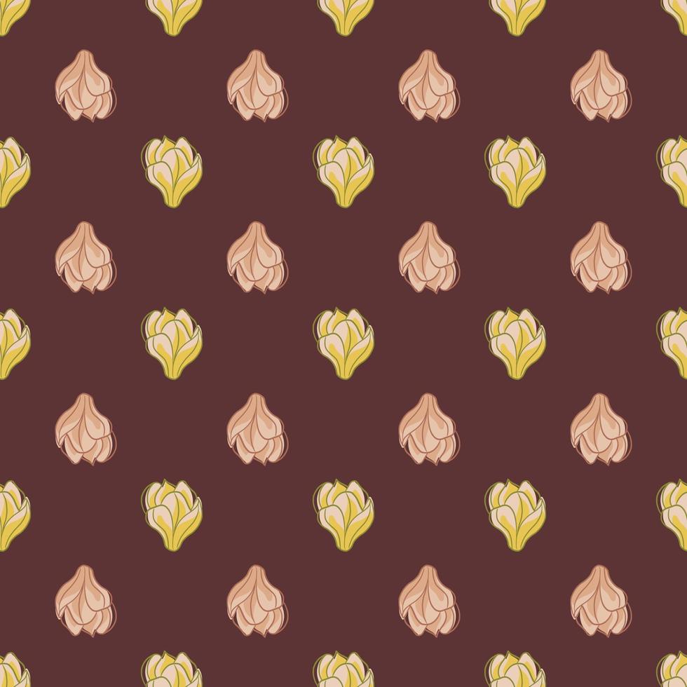 Pink and yellow little magnolia flowers seamless doodle pattern. Dark maroon background. Plants print. vector