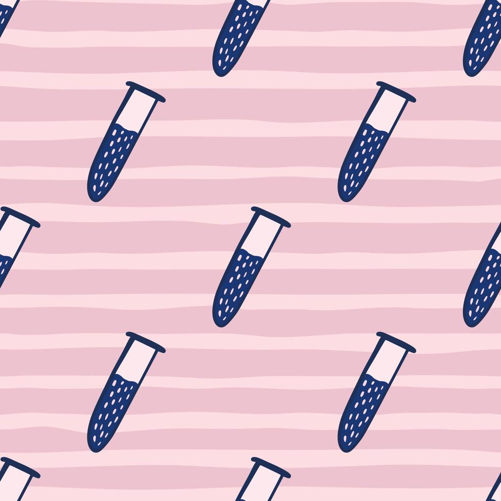 Science seamless doodle pattern with navy blue flask silhouettes. Chemical school lab print with pink striped background. vector