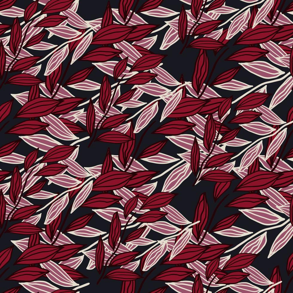 Dark seamless doodle naive pattern with outline leaves elements. Black background with red and pink botanic elements.. Stylized artwork. vector