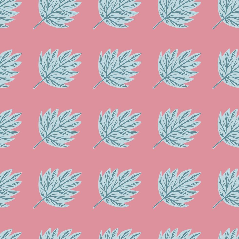 Seamless pattern with botanic decorative blue contoured leaf ornament. Pink pastel background. vector