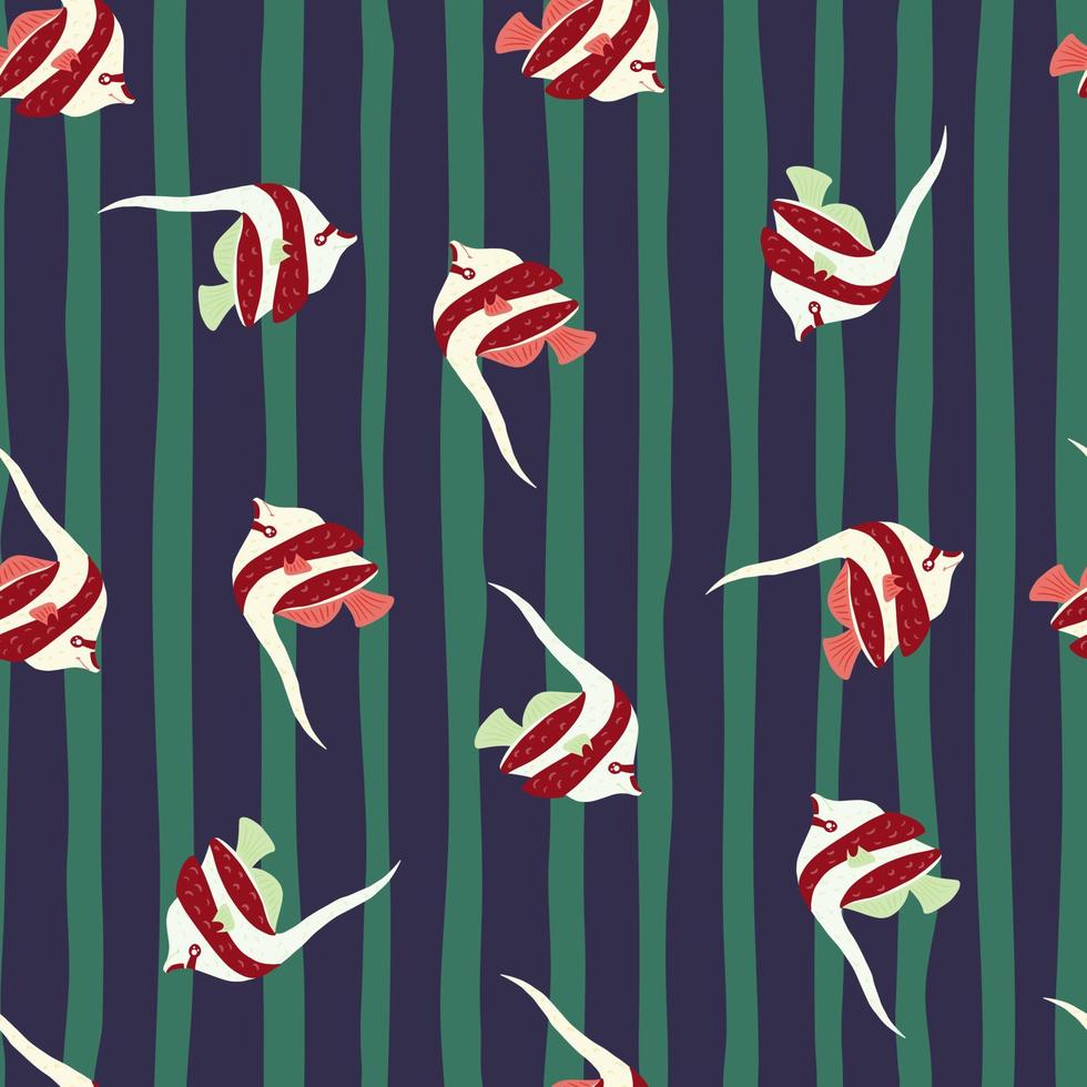 Nature seamless pattern with random decorative imperial angelfish print. Blue and green striped background. vector